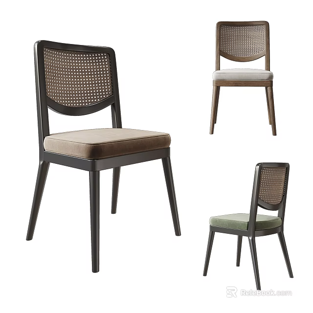Modern Dining Chairs Featuring Wicker Back Upholstered Seats And Wooden Legs In Various Colors 3d model 