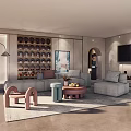 Modern Living Room Interior With L Shaped Sofa Coffee Tables Artwork Shelving And Floor Lamp