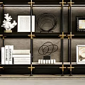 Modern Elegant Bookcase With Gold Accent Frame And Books Sculptures Photo Frames