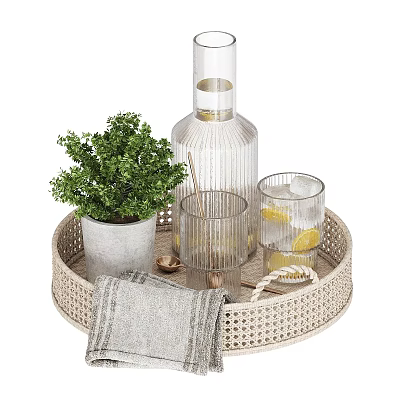Decorative Ornament Set With Woven Tray Transparent Bottle Glass Cups Green Plant And Gray Towel 3d model