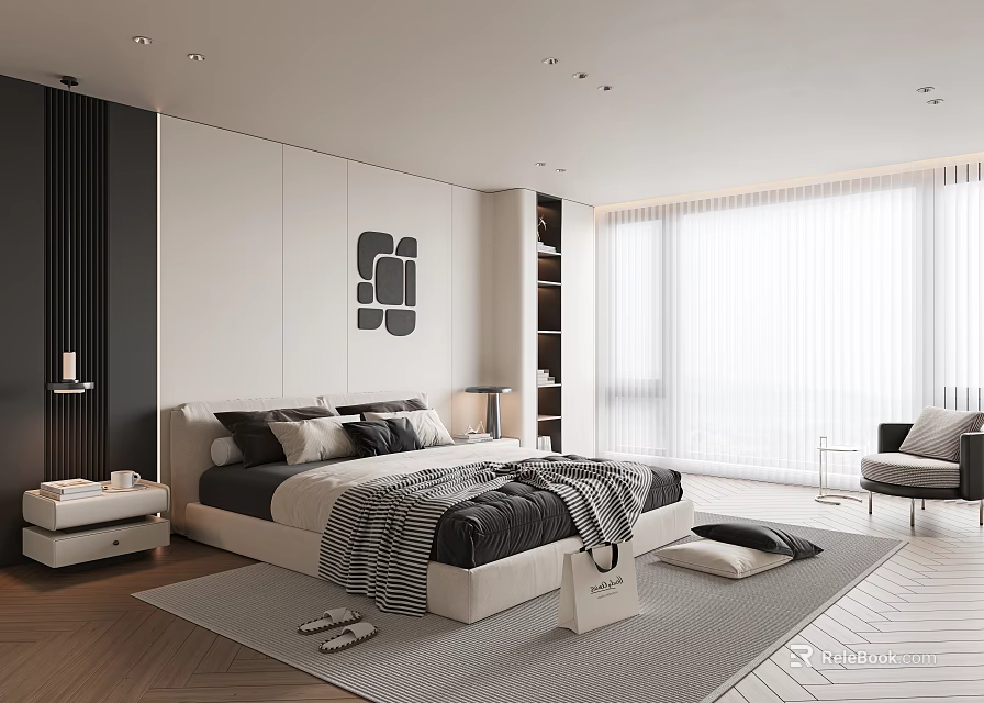 Modern Bedroom Interior Design With Bed Geometric Wall Art Large Windows And Gray Rug 3d model 