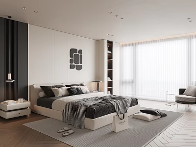 Modern Bedroom Interior Design With Bed Geometric Wall Art Large Windows And Gray Rug 3d model