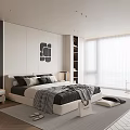 Modern Bedroom Interior Design With Bed Geometric Wall Art Large Windows And Gray Rug