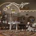 Kids Room Interior With Rocking Horse Round Rug White Table Chairs And Hanging Lights