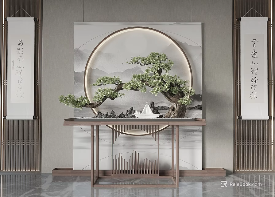 Chinese Style Console Table With Circular Landscape Painting Pine Bonsai Calligraphy Scrolls And Wooden Tabletop 3d model 