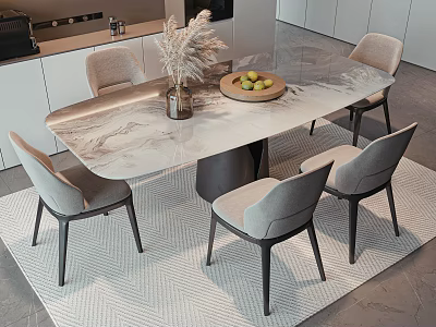 Modern Dining Table Set With Marble Top Six Gray Chairs Fruit Bowl And Decorative Vase 3d model