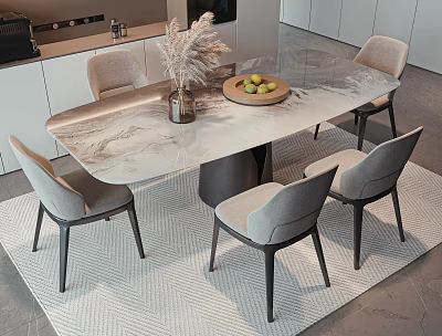 Modern Dining Table Set With Marble Top Six Gray Chairs Fruit Bowl And Decorative Vase 3d model