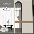 Modern Entryway Hallway Design With Arched Glass Door Flower Vase And Cabinets
