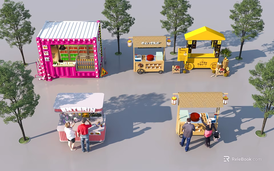 Colorful Street Food Stalls With People Around Trees And Various Designs 3d model 