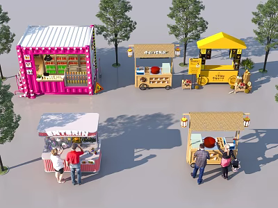 Colorful Street Food Stalls With People Around Trees And Various Designs 3d model