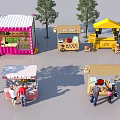 Colorful Street Food Stalls With People Around Trees And Various Designs