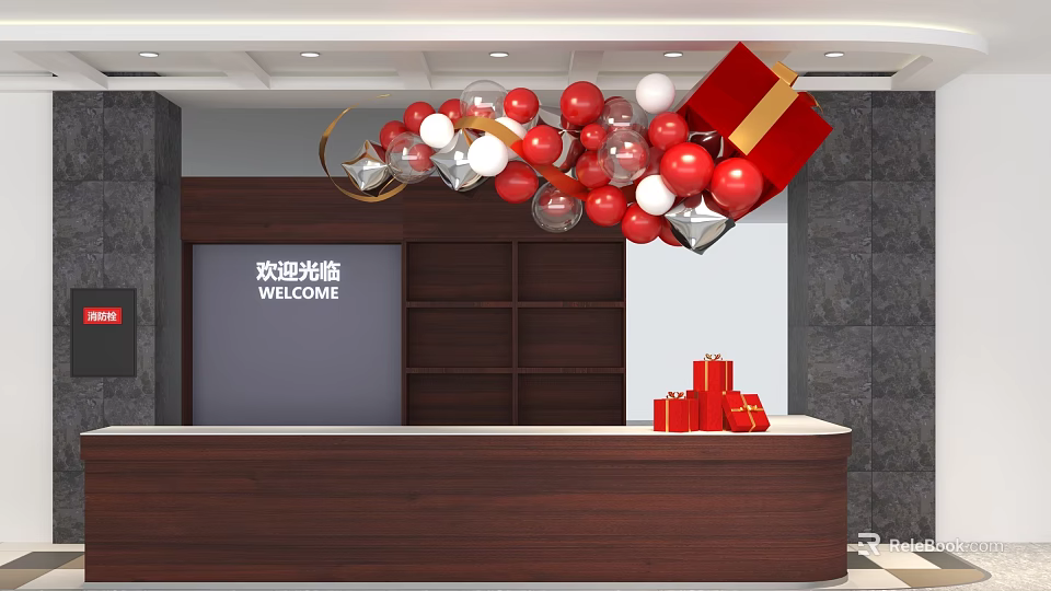 Red Gift Box Inflatable With Red White Silver Balloon Decorations At Reception Desk 3d model