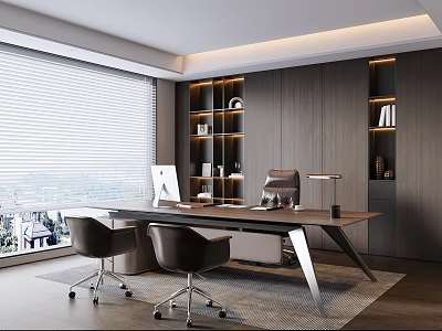 Modern Office Interior With Large Window Blinds City View Desk Bookshelf Lighting And Office Chairs 3d model