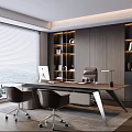 Modern Office Interior With Large Window Blinds City View Desk Bookshelf Lighting And Office Chairs