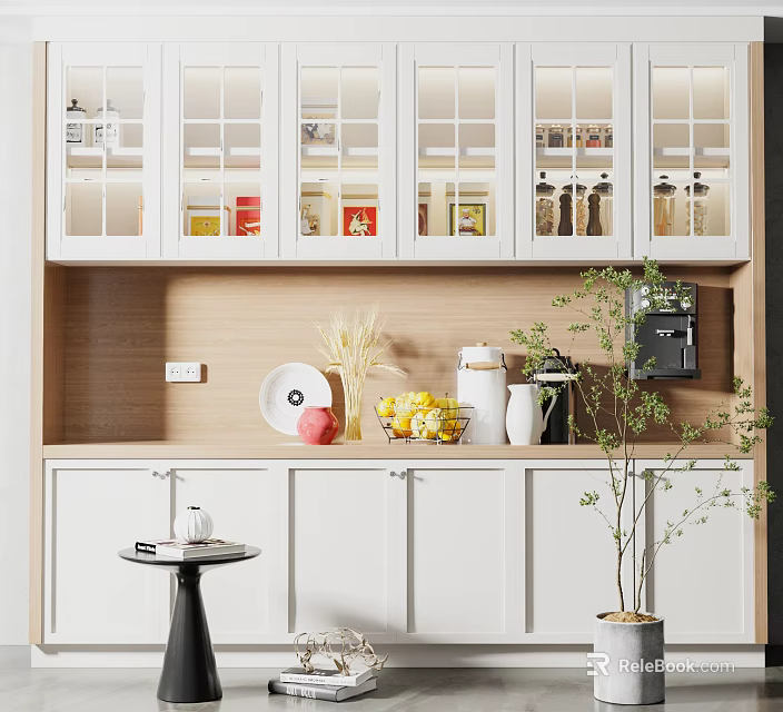 Modern Minimalist Sideboard with White Glass Fronted Cabinets Wooden Countertop Decorative Fruits and Coffee Machine 3d model 