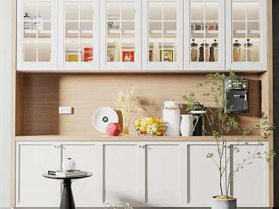 Modern Minimalist Sideboard with White Glass Fronted Cabinets Wooden Countertop Decorative Fruits and Coffee Machine 3d model