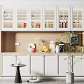 Modern Minimalist Sideboard with White Glass Fronted Cabinets Wooden Countertop Decorative Fruits and Coffee Machine