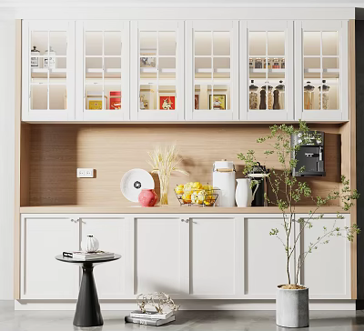 Modern Minimalist Sideboard with White Glass Fronted Cabinets Wooden Countertop Decorative Fruits and Coffee Machine 3d model