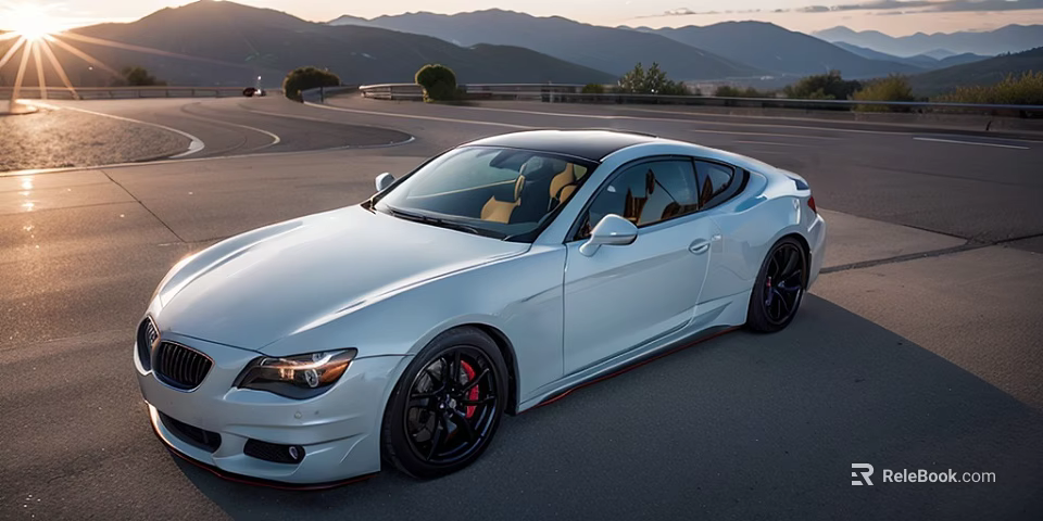 White BMW Coupe Parked On Mountain Road Curve With Scenic Mountains And Sunset View 3d model 