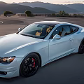 White BMW Coupe Parked On Mountain Road Curve With Scenic Mountains And Sunset View