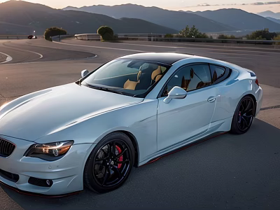 White BMW Coupe Parked On Mountain Road Curve With Scenic Mountains And Sunset View 3d model