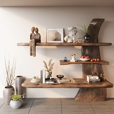 Natural Style Decorative Ornament Combination On Wooden Shelf With Sculptures Photo Frames Plants And Books 3d model