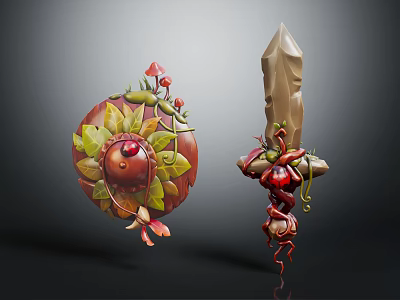 Mythical Snake Adorned Shield And Sword With Green Leaves Red Fruits And Mushrooms 3d model