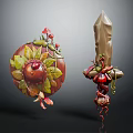 Mythical Snake Adorned Shield And Sword With Green Leaves Red Fruits And Mushrooms