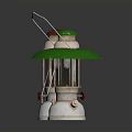 Vintage Kerosene Lamps With Red Top Green Shade And Metallic Structure On Black Reflective Surface