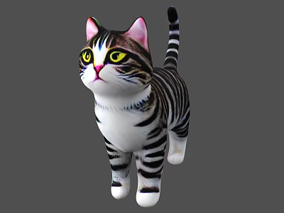 Cute Striped Stuffed Cat Toy With Pink Ears And Yellow Eyes 3d model