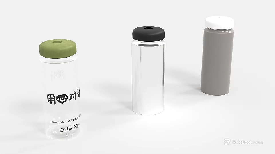 Transparent Cylindrical Glass Cups with Green Black and White Lids Design 3d model 