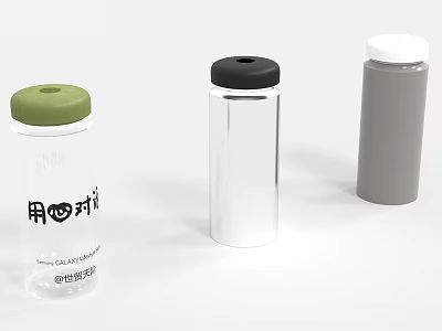 Transparent Cylindrical Glass Cups with Green Black and White Lids Design 3d model