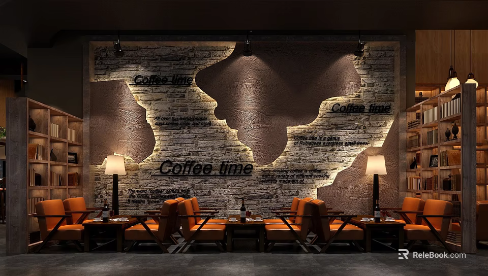 Cozy Cafe Interior With Decorative Brick Wall Coffee Line Text Orange Armchairs And Wooden Bookshelves 3d model 