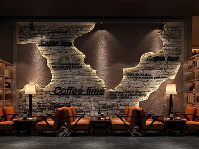 Cozy Cafe Interior With Decorative Brick Wall Coffee Line Text Orange Armchairs And Wooden Bookshelves 3d model