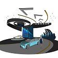 Elegant Modern Car Showroom With Curved Design Blue Accents And Display Cars