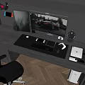 Modern Entertainment Room With Dual Monitors Car Game Screen Keyboard And Game Controller