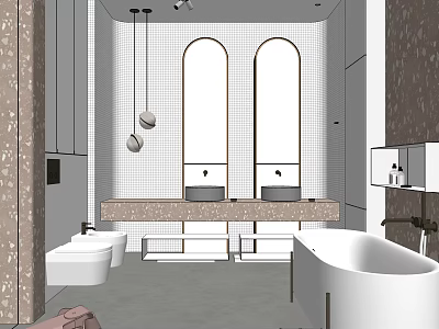 Modern Bathroom With Double Sinks Arched Mirrors White Bathtub Wall Mounted Toilet And Pendant Lights 3d model