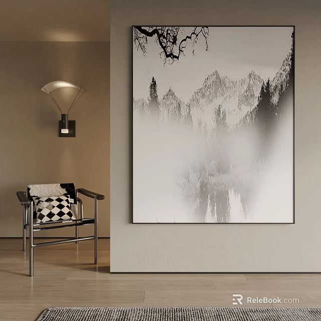 Black And White Landscape Painting With Mountains Mist And Reflection 3d model