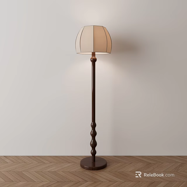 Classic Floor Lamp With Dark Wooden Twisted Pole And Light Colored Lampshade 3d model 