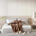 Minimalist Bedroom Interior Design With Double Bed Brown Blanket Pillows And Nightstand