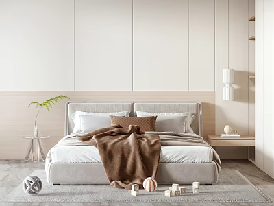 Minimalist Bedroom Interior Design With Double Bed Brown Blanket Pillows And Nightstand 3d model
