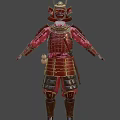 Samurai Warrior In Red Traditional Armor With Dragon Motifs And Horned Helmet Design