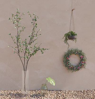 Decorative Ornament Set Featuring Vase Branches White Flowers Wall Wreath Greenery Pink Blooms Hanging Plant 3d model