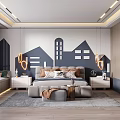 Modern Kids Room Interior Design With Bed City Wall Decor Lighting And Soft Rug