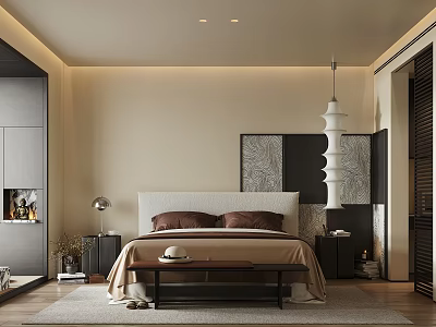 Modern Minimalist Bedroom Interior With Upholstered Headboard Pendant Light And Neutral Walls 3d model