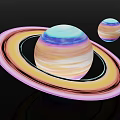 Colorful Ringed Planet With Vibrant Stripes And Small Companion Against Black Cosmic Background
