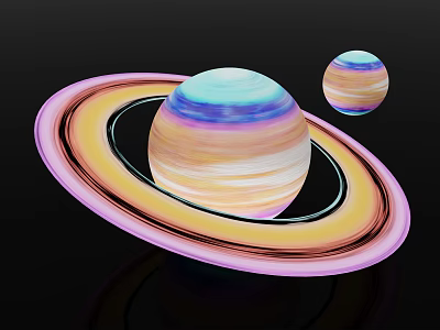 Colorful Ringed Planet With Vibrant Stripes And Small Companion Against Black Cosmic Background 3d model