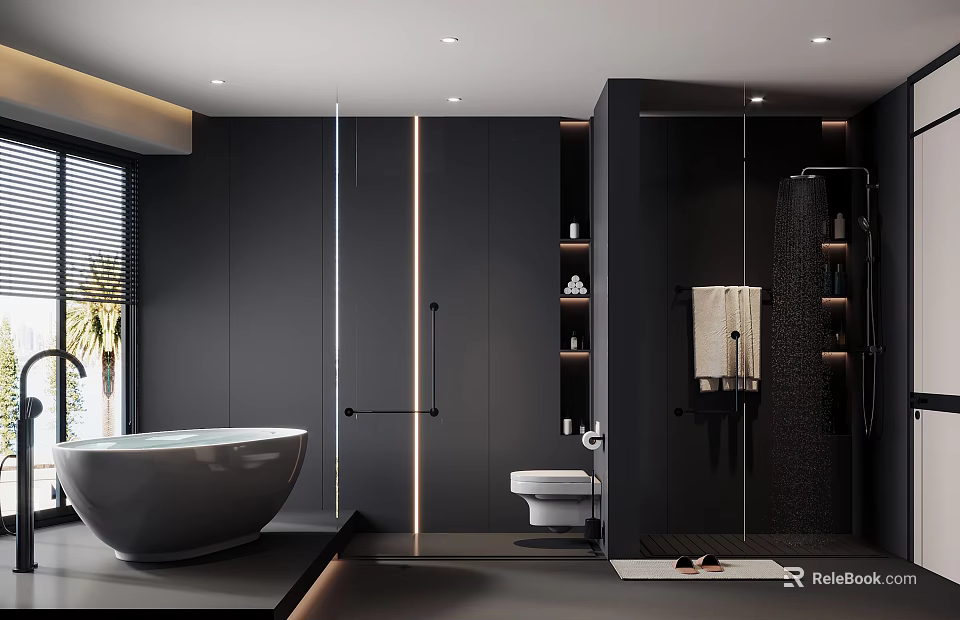 Modern Minimalist Bathroom With Black Bathtub Toilet And Glass Partition Shower Lighting Strips 3d model 