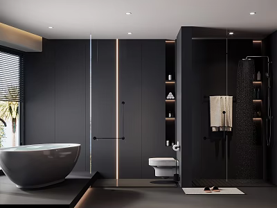 Modern Minimalist Bathroom With Black Bathtub Toilet And Glass Partition Shower Lighting Strips 3d model