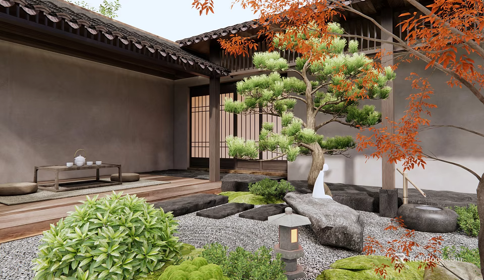 Traditional Courtyard Garden Design with Pine Tree Stone Lantern Green Plants Wooden Structure and Gravel 3d model 